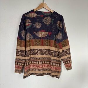 YESNO Women Colorful Fish Pearl Shell Graphic Printed Oversized Pullover Sweater